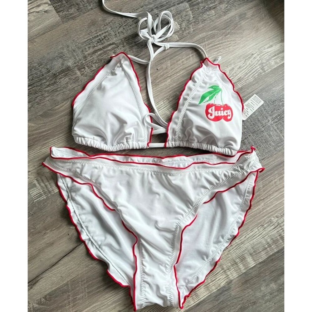 Juicy Couture Cherry White Red Ruffle Bikini Swimsuit Set Size XL